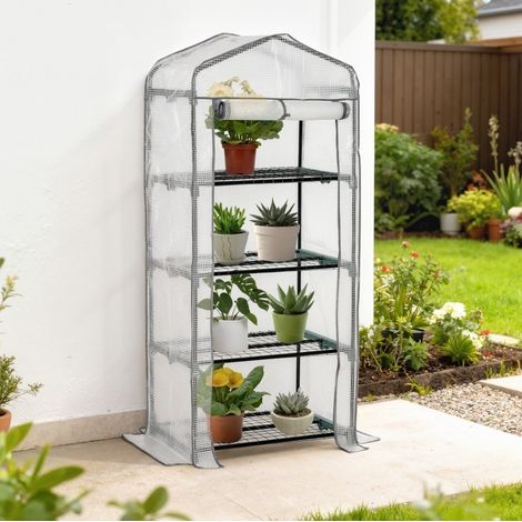 Mini serra da giardino 70x50x160 cm in polietilene bianco, 4 ripiani salvaspazio – MEUBLIV (1/5)
