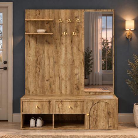 Garderobenmöbel mit Spiegel, Schuhbank, Schubladen und Haken, Holzoptik, 120 x 35 x 159 cm (1/5)