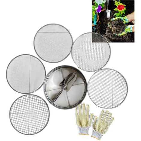 Tamis de jardin 5-en-1, tamis rond métallique de 30 cm avec 5 grilles interchangeables, pelle de jardin et gants inclus, pour terre, compost et sable (1/5)