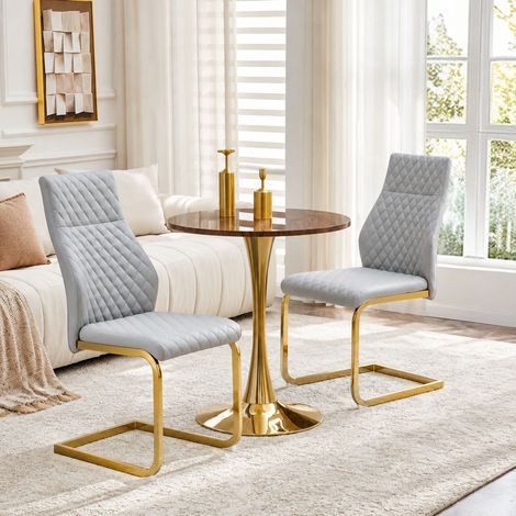 Ensemble table chaises rond 60 cm, MDF effet noyer, 2 chaises grises DESVIAE (1/5)
