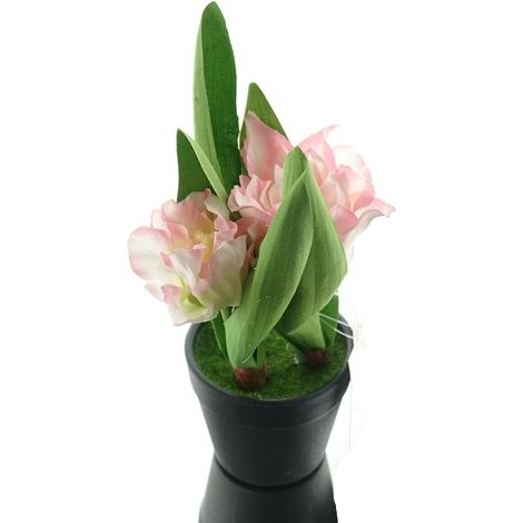 GASPER Tulpen Rosa & Weiß im schwarzen Mini-Topf 19 cm hoch - Kunstpflanzen