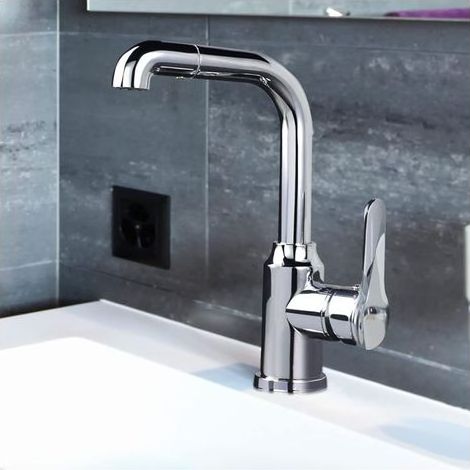 TAISHENGDA - Maniglia per lavabo Cromato, maniglia girevole a 360° per bagno, maniglia per lavabo alto, maniglia per lavabo alta 22,5 cm, maniglia azionabile con una sola mano (1/5)