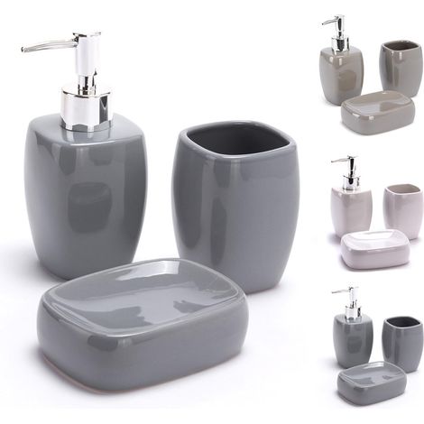 Ensemble d'Accessoires Salle de Bain 3 Pièces Céramique - Distributeur de Savon - Porte Savon - Gobelet - Couleur Anthracite Gris - Design Solide et Esthétique (1/5)