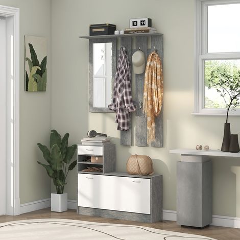 Conjunto de muebles para recibidor con perchero de 6 ganchos, zapatero con cajón y espejo, color gris. (1/5)