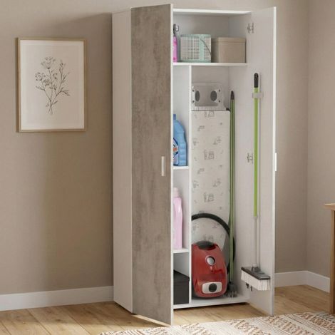 Dmora Mehrzweck-Kabinett Irvine, Beistellschrank mit 2 Türen, Kleiderschrank mit 2 Türen und 3 Einlegeböden, cm 80x37h182, Zement und Weiß (1/5)