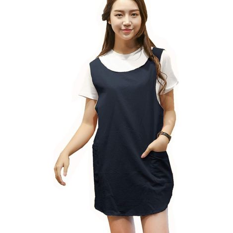 Tablier en coton et lin doux uni de style japonais, deux poches, bord rond (1/2)