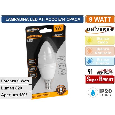 UNIVERSO LAMPADINA LED E14 9W CANDLE C37 CANDELA SMD 820 LUMEN LUCE CALDA NATURALE FREDDA - Colore Luce: Bianco Naturale (1/2)