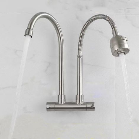 304 Stainless Steel In-Wall Single Cold Water Faucet for Kitchen Sinks and Washbasins - Dual-Pipe, Dual-Outlet, Dual-Opening, Rotatable Faucet - Brushed Horizontal Double-Pipe Large Bend + Universal F