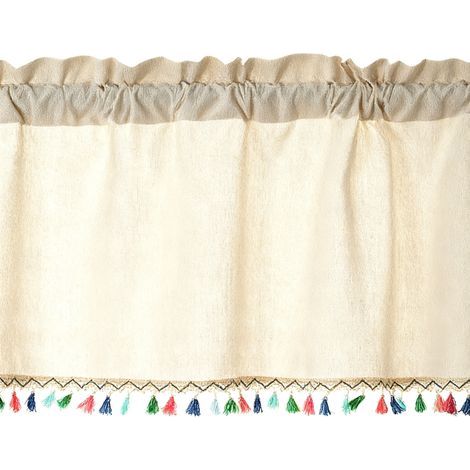 Court rideau en coton à pompons — Semi-transparent et anti-poussière. 132 x 46 cm. (1/5)