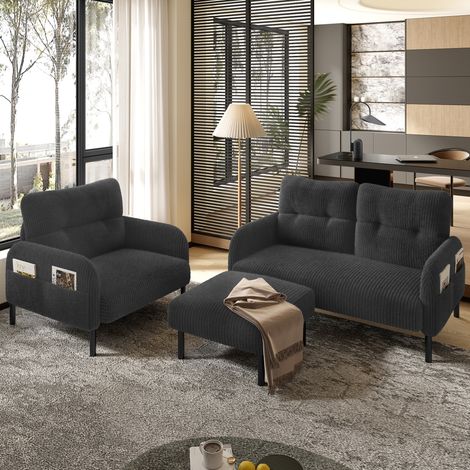 Canapé 2 places, fauteuil et pouf en velours côtelé gris OKMYHOME (1/5)