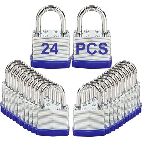 Cadenas d'extérieur à clés identiques, corps en acier laminé renforcé robuste 40 mm, anse standard non découpable, lot de 24 clés, pour casier de gym, boîte à outils, abri de jardin, rangement (1/5)