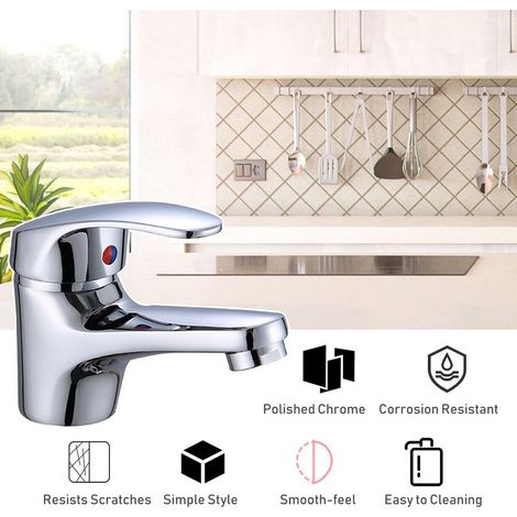 Robinet mitigeur monocommande en laiton pour lavabo de salle de bain, robinet mitigeur monocommande en céramique pour évier de cuisine, mitigeur eau chaude/eau froide, finition chromée polie avec flex (1/5)