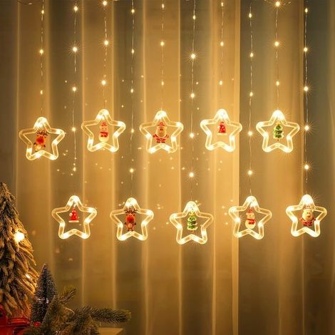 Rideau lumineux de Noël pour fenêtre intérieure, 10 guirlandes en forme d'étoile avec Père Noël cartoon et 120 LED, mode d'éclairage télécommandé 8 fonctions, décoration chambre fête (1/5)