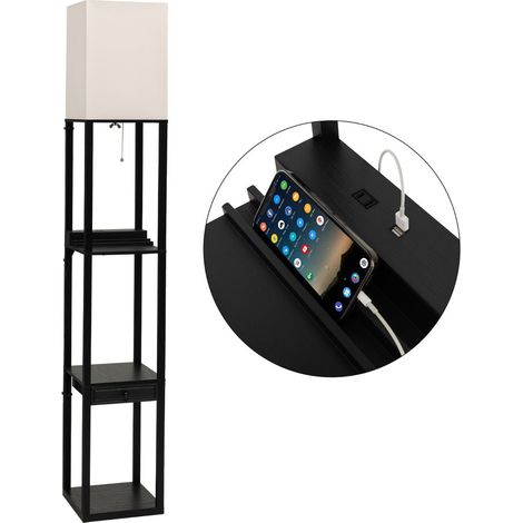 Lampada da terra nera con ripiano 3 livelli di stoccaggio e porta USB stile moderno 26 x 26 x 160 cm realizzata in MDF e tela di lino 200020775