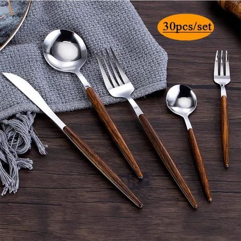 Ménagère 30 Pièces - ANNEFLY - Acier Inoxydable - Manche en Bois - Résistante à la Rouille - Pour 6 Personnes (1/4)