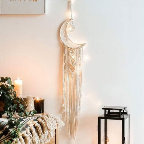 Tenture murale en macramé avec lumière LED, attrape-rêves en forme de lune, tapisserie tissée, décoration d'intérieur (1/4)