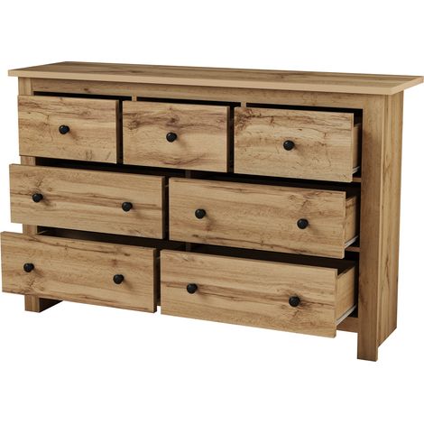 Credenza buffet moderna con 7 cassetti in legno, 152x40x88,5 cm, colore naturale, HOMVRA (1/5)