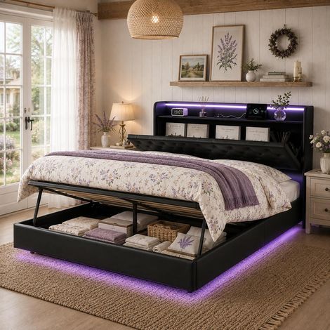 Lit flottant 160x200 cm en similicuir noir, rangement hydraulique, LED ambiant, ports USB intégrés (1/5)