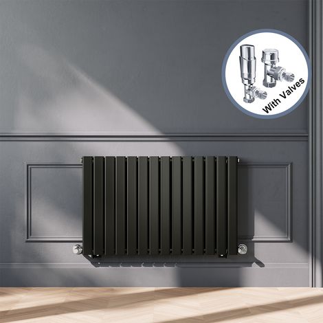 ELEGANT Black Designer Horizontal Radiator Double Panel Rads 600 x 952mm with Chrome Angled Thermostatic Radiator Valves (1/5)