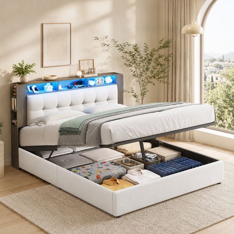 Lit coffre 160 x 200 avec bandeau LED - Lit double 160 x 200 - Tête de lit rembourrée avec rangement - Recharge sans fil - Sommier à lattes - Velour Beige (1/5)