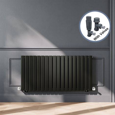 ELEGANT Designer Black Double Panel Horizontal Radiator 600 x 1224mm with Anthracite Angled Thermostatic Radiator Valves (1/5)