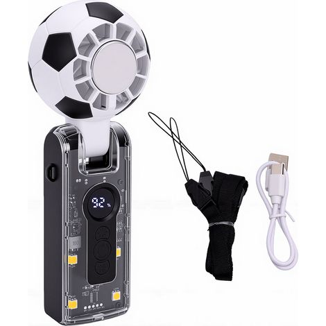 Ventilateur turbo portable à main, 100 vitesses, pliable, refroidissement optimal, batterie 3600 mAh, idéal pour les activités de plein air, les voyages et le travail. Design football noir. (1/5)