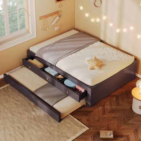 Letto estraibile 90x200 MDF/pino color caffè, 3 cassetti, senza materasso - MEUBLIV (1/5)