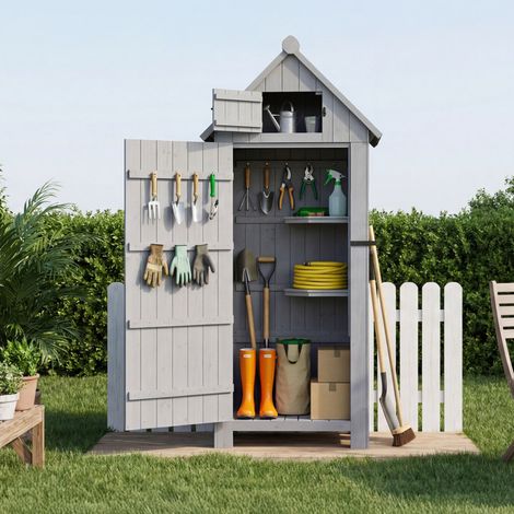 HOMAVO Gartenhaus aus Holz mit Satteldach UV-geschützt, 77 × 54,3 × 179 cm, Gartenschuppen für Garten, Terrasse, Hinterhof, Rasen, Grau