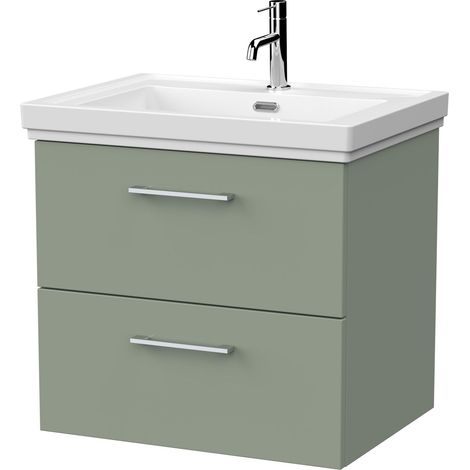 Pershall Contemporary Wall Hung 2 Drawer Vanity Unit with Traditional 1 Tap Hole Fireclay Basin, 600mm, Reed Green