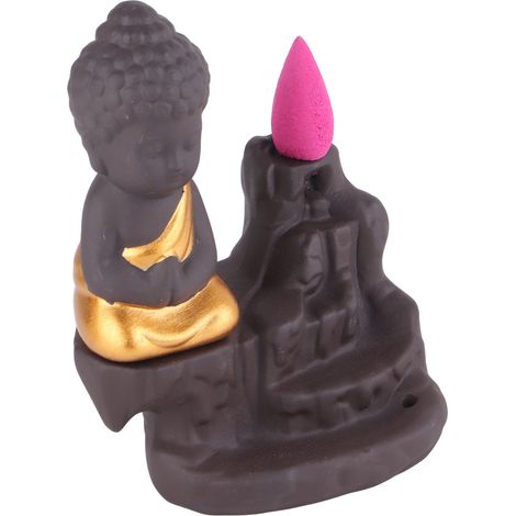 Brûleur d'encens à reflux Monk, porte-encens cascade de sable violet relaxant et confortable avec 30 bâtonnets d'encens pour le yoga et le bureau, jaune doré (1/5)