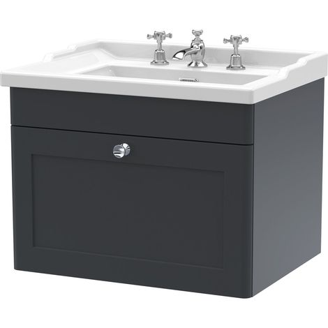 Nuie Classique Wall Hung 1-Drawer Vanity Unit with Traditional Basin 600mm Wide Satin Anthracite - 3 Tap Hole (1/5)