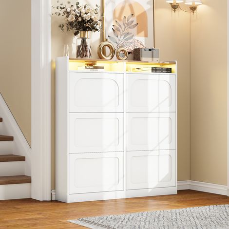 Mueble zapatero 6 abatibles, 120x24x130 cm, con LED y estantes abiertos, en MDF, blanco y natural (1/5)
