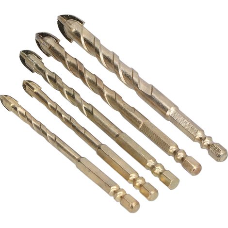 Kit de 5 forets cruciformes à queue hexagonale pour carrelage, béton et verre (doré) (1/5)