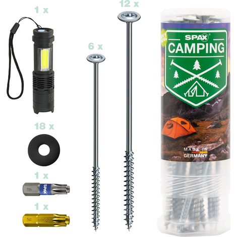 SPAX Kit de camping - 18 vis de tente, 2 embouts, 18 rondelles et lampe de poche, piquets à visser pour fixer la tente, le store, la voile, le pavillon – 8000000294600