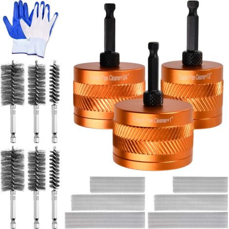 Kit de nettoyage pour tuyaux en cuivre 1/2" , 3/4" et 1" pour perceuse avec tige hexagonale 1/4 » et lames de brosse remplaçables, outils de plomberie pour le nettoyage des tuyaux métalliques (1/4)