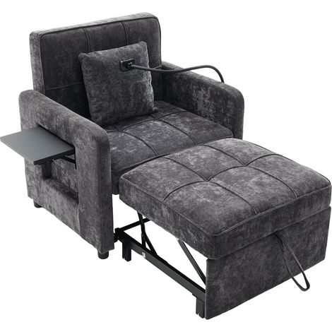 Poltrona letto 2 in 1 in ciniglia grigio scuro con cuscino e tasche laterali (1/5)