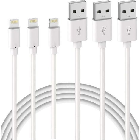 Lot de 3 câbles de charge iPhone de 2 m, câble USB vers Lightning, compatible avec iPhone (blanc) (1/4)