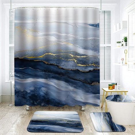 Ensemble rideau de douche et tapis de bain en marbre bleu-vert ensemble de 4 pièces comprenant un rideau de douche imperméable en marbre doré (avec crochets), un tapis de bain, un siège de toilette e (1/5)