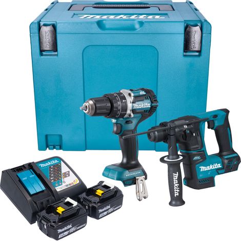Makita DLX 2278 RFJ kit combinado inalámbrico + taladro de impacto DHP 484 54 Nm + taladro percutor DHR 171 1.2 J + 2x batería recargable 3.0 Ah + cargador + Makpac (1/5)