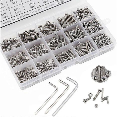 Kit de 520 vis et écrous M3, M4, M5 et M6 à tête hexagonale creuse, en acier inoxydable 304, avec rondelles et écrous.