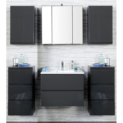 Badmöbel Set COMO-03, 6-teilig Hochglanz grau, 60cm Waschtisch (1/5)