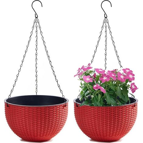 Ensemble 2 Pots Fleurs Suspendus Chaîne Acier Inoxydable Balcon Intérieur Extérieur Diamètre 21cm Rouge - AUTRES (1/4)
