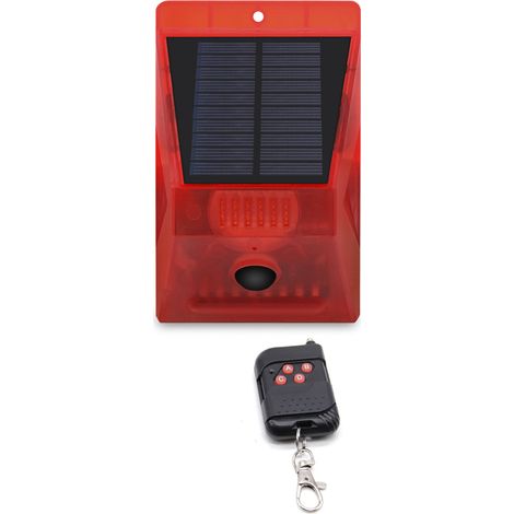 Alarma solar para exteriores con detector de movimiento, IP65 resistente al agua, sirena de 129 dB, 4 modos de funcionamiento, luz estroboscópica con control remoto.