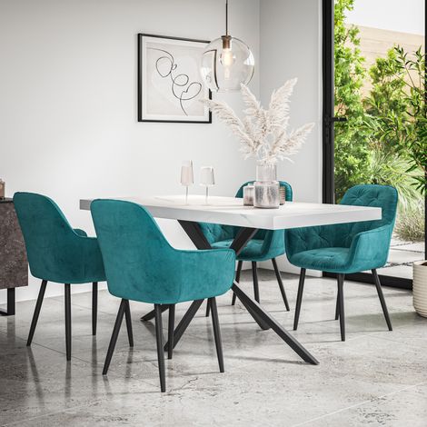 Donni Dining Table And Chairs -  White Marble Effect Table Top w Black Legs + Anika Velvet Dining Chair Set Of 4 (Blue) (1/5)