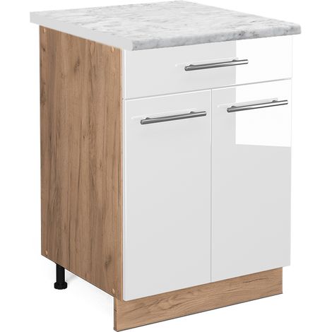 Mueble bajo de cocina Fame-Line, Blanco alto brillo, 60 cm con cajón, ET Mármol, Vicco (1/5)