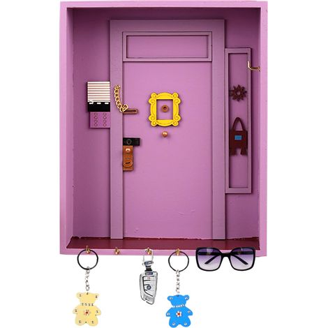 Friends Key Holder, Porte Clé Mural Bois Friends Monica's Door Porte Range Clef Mural Polyvalente Boîte à Clés Murale en Bois avec 6 Crochets, pour Les Amateurs de Séries Télévisées (Violet) (1/5)