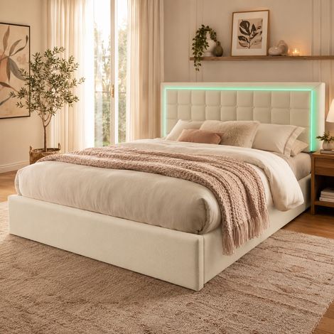 Lit rembourré en velours, lit double adulte 160 x 200 cm avec tiroirs, garde-corps, LED, sommier inclus, sans matelas, design moderne, Blanc (1/5)