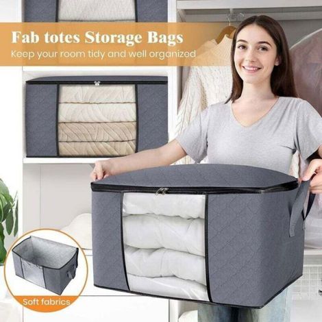 Sacs De Rangement - Tissu Non Tissé Épais - 60 L - Pour Chambre Armoire Literie - Gris - Lot De 6 (1/4)