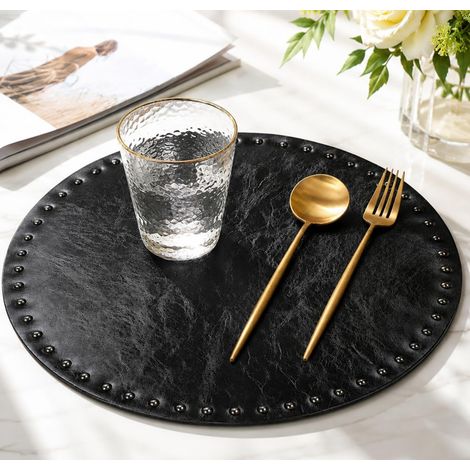 Set of 2 Round Synthetic Leather Placemats, Black, 35 cm (1/5)