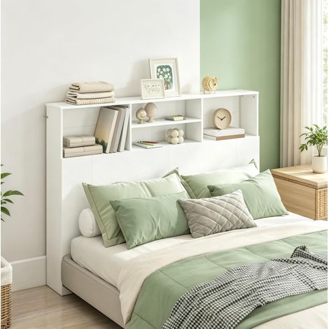 Tête de lit 140 cm avec rangement, 4 niches ouvertes, blanche en MDF et panneau de particules, fixation murale incluse pour chambre adulte moderne CHICFURN (1/5)
